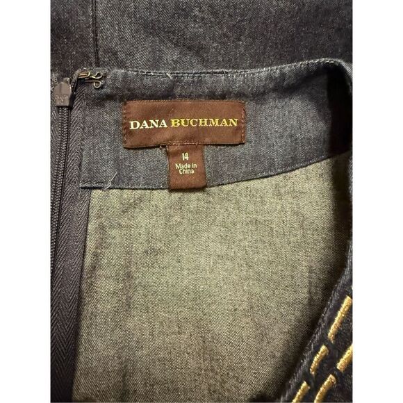 Dana Buchman Chambray Denim Dress Gold Metallic Neckline Sz. 14 - Picture 8 of 10